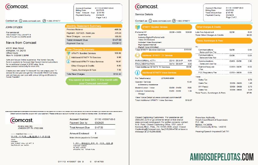 imprimível Modelo de conta de serviços públicos Comcast dos EUA em formatos Word e PDF, 2 páginas